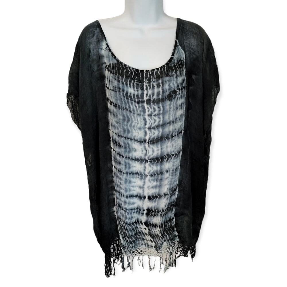 Anthropologie Gypsy 05 Swim Coverup Batik Fringe Hem Black & White OS